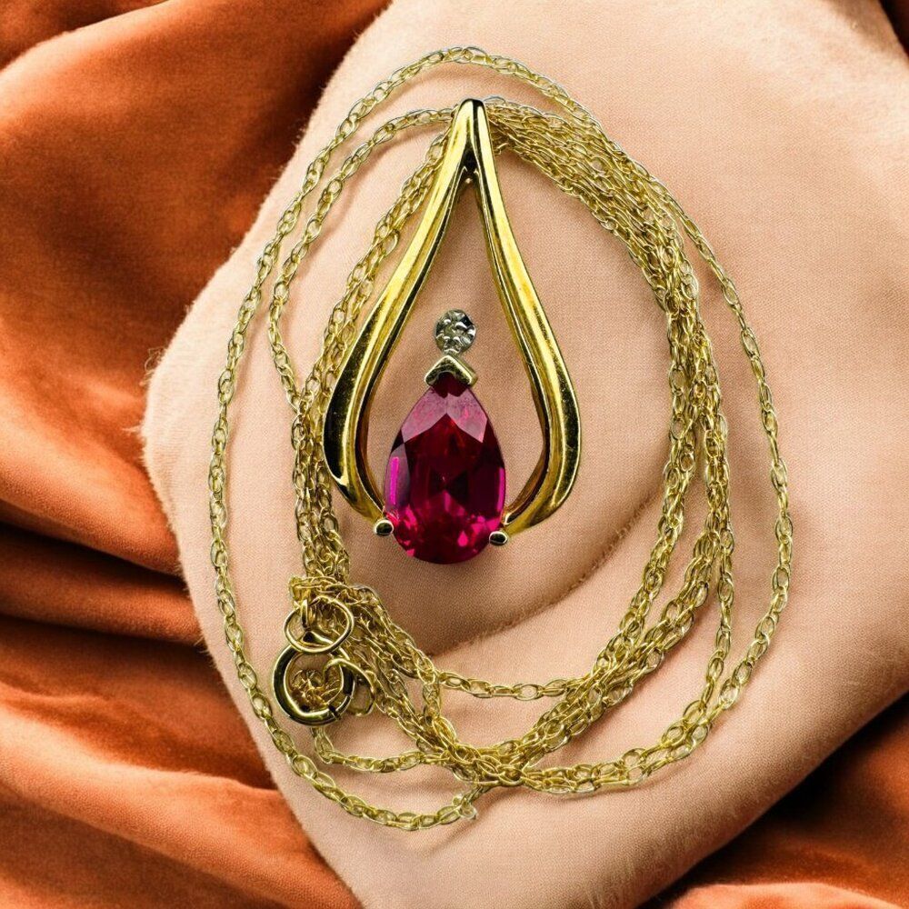 VINTAGE- 10k Gold-Ruby Diamond Necklace-18"-Pear Cut-Romantic Ruby Necklace-1.6g - Picture 3 of 16